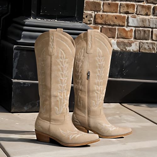 Image of Rivalran Cowboy Boots for Women - Knee High Pointed Toe Chunky Heel Pull On Zipper Western Cowgirl Boots, Retro Country Vintage Fashion Tall Boots