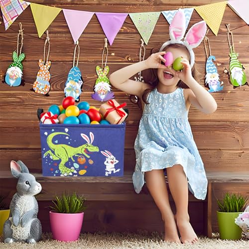 Image of Dinosaur Easter Basket for Kid Large Empty Baby Rectangular Cute Easter Gift Storage Basket Bunny Eggs Decor (Dinosaur Rabbit)