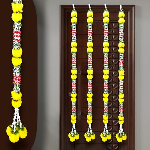 Image of iHandikart Pack of 4 Artificial Marigold Flower Garland with Multicolor Jasmine Leaves (57 Inch) - Decorative Floral Strings for Pooja, Temple, Diwali, Wedding, Haldi, Mehandi & Festive Home Decor