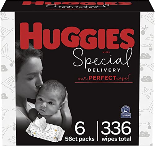 Hypoallergenic Baby Wipes, Unscented, Special Delivery Baby Diaper Wipes, Safe for Sensitive Skin, 99% Purified Water, 6 Push Button Packs (336 Wipes Total)