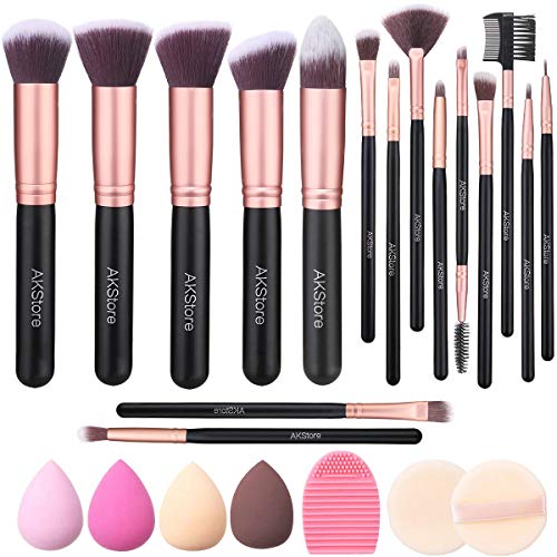 Akstore Makeup Brushes 17 Pcs Makeup Brush Set Travel makeup brush set with 4 Makeup Sponge Blender 2 Makeup Foundation Sponge Air Cushion Powder Puff 1 silicone brush cleaner (Rose Gold-upgrade)