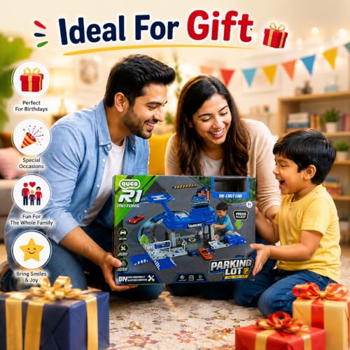 Image of WISHKEY Car Launcher Toys for Kids Parking Lot Toy for Kids 3+ Years, DIY Engineering Garage Playset with Die-Cast Car, Building Track, Launcher, Pretend Play Activity, Birthday Gift for Boys Blue
