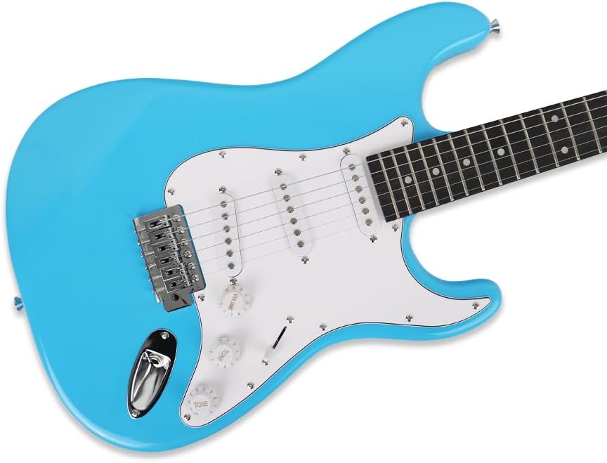 Electric guitar full size 39''glossy blue color sss configuration single tremolo bridge 5ways toggle 1V 2T 22 frets maple neck solid phoenix body portable for beginner starter practice (YST)