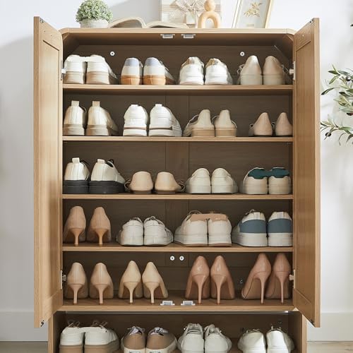 Rattan Shoe Cabinet with Doors - 6-Tier Wooden Shoe Organizer Rack, Adjustable Shelves for Stylish Storage, Modern Entryway Furniture, Space-Saving Design