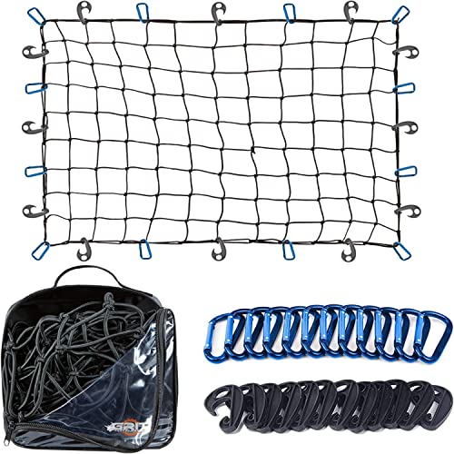 Truck Bed Cargo Net 3 x 4 Foot Heavy-Duty Elastic Mesh with 12 Hooks and 12 Blue Clips and Storage Bag for Pickup for Cargo Netting Securing Loads in Trailers SUVs & Roof Racks