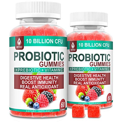 Probiotics Gummies, Probiotic Prebiotics Supplement for Women Men and Kids - 10 Billion CFU - Vegan Candy Supplements with Vitamin C Digestive Gut Immune Chewable Gummy, Gluten-Free (2-Pack)