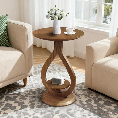 FASNAHOK Round Side Table, Unique Couch Table, 2 Tier Small End Table for Small Spaces, Modern Nightstand for Living Room, Bedroom, Farmhouse, Walnut
