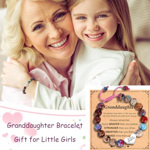 Image of Granddaughter Daughter Gifts -Heart Natural Stone Beaded Bracelet for Girls, Valentines Birthday Gifts for Girls Daughter Granddaughter