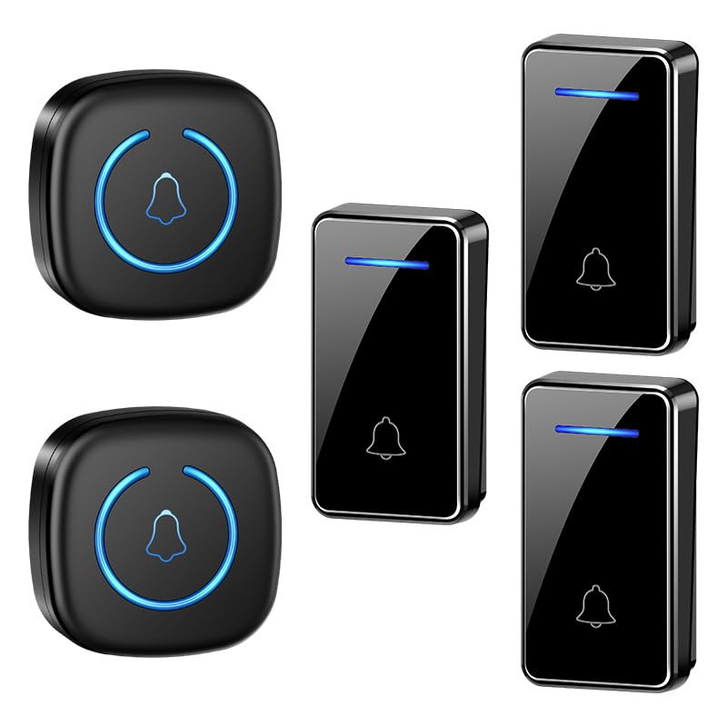 Timbre inalámbrico autoalimentado Kit,Timbre con Alcance de 150 m,Luz LED,60 Melodías,5 Niveles de Volumen Ajustables,3 Botones de Timbre,2 receptores enchufables para Puerta sin Pilas,Negro
