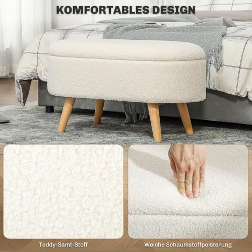 Image of Upholstered Ottoman Bench with Storage, Boucle Fabric, 39 Litre Hidden Storage, Heavy Duty 120 Kg Load Capacity, Multipurpose Seating for Living Room & Bedroom, Off White
