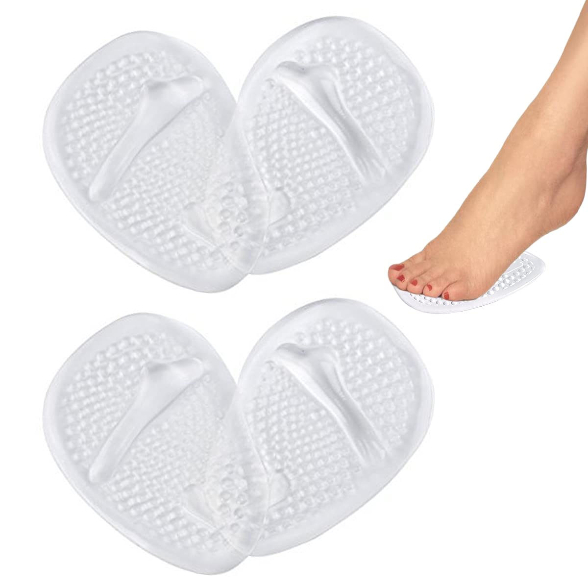 Foot Pads, 2 Pairs Gentle Silicone Forefoot Cushioning High Heel Insoles Metatarsal Pads for Rapid Pain Relief, Prevent Blisters and Calluses, Transparent