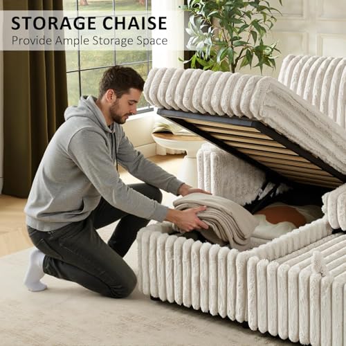 Image of KCGKCG 81 inch Sectional Sleeper Sofa Bed, Pull Out Couches for Living Room | Pull Out Sofa Bed with Storage Chaise, Dual Cup Holders, Side Storage Pocket, Charging Station, Plush Corduroy Fabric