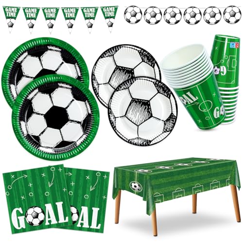 Set 109 pezzi per la festa di Calcio: 24 x Piatti 18 cm, 24 x Piatti 23 cm, 24 x Bicchieri di carta 9 OZ, 24 x Tovaglioli 33 x 33 cm, 2 x Bandiere di carta 1.8m, 1 x tovaglia 274 x 137 cm.