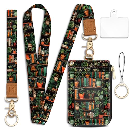 Lanyard Wallet with Id Badge Holder, Bookshelf RFID Small Keychain Wallet Women Wristlet, Cute Zipper Credit Card Holder Phone Wrist Neck Strap for Key Name Tag, Teacher Student Office Gifts
