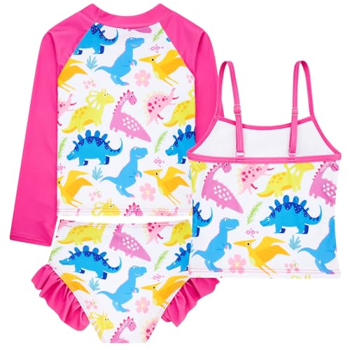 Image of Funnycokid Girls Swimsuit 3 Pieces Long Sleeve Rash Guard Set Tankini Bathing Suits Summer Kids Swimwear 3-10 Years