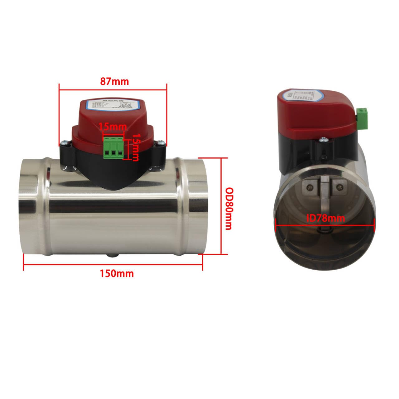 1 pieza 220v HVAC compuerta motorizada compuerta regulacion aire valvula conducto diámetro 80 100 125 150 200 250 300 250 400 mm (Alta 150mm + Diámetro externo 80mm)