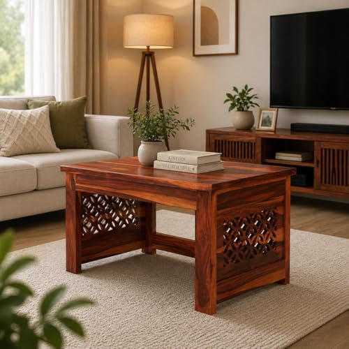 Image of Sheesham Wooden Center Coffee Table for Home Furniture | Solid Wood Center Table for Living Room, Wooden Sofa Center Table Side Teaopy Table CNC- Honey Finish