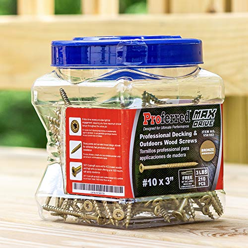 Proferred Professional Decking & Outdoors Wood Screws, Bronze SKT Coating - 1500 Hour Salt Spray, 10 X 3\", 6 Lobe 25 Drive (210pcs with 1 Bit in Jar) Model Number: V56102