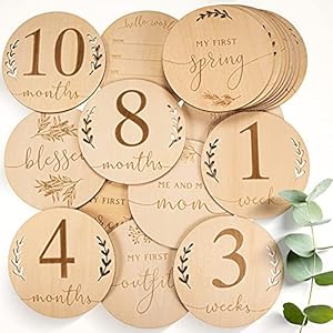 OLGS Milestone Cards Baby Wood | 40 milestones set incl. tas | Birth Announcement Wood Discs Card, Hello World Laser Gegraveerd | Cadeau-idee voor expectante moeders, ouders | zwangerschap Baby Shower – Ø 10cm