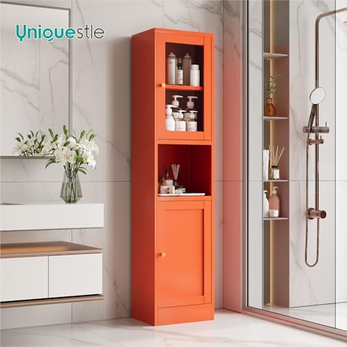 Image of 67 inch Tall Metal Narrow Storage Cabinet with Glass Door and Open Shelf, Shaker Style Slim Cabinet with Adjustable Shelves for Kitchen Bathroom Living Room Laundry Small Spaces, Orange, 1Pc