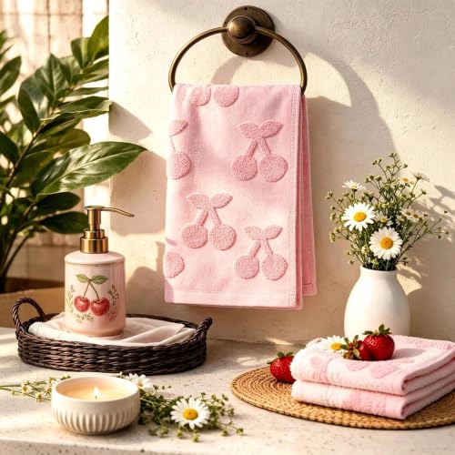 yuboo Pink Cherry Hand Towels Set of 2, Cute Coquette Bathroom Decor for Teen Girls, Soft 3D Tufted Absorbent Decorative Towels, Preppy Gift Towel for Women & College Dorm 14"x 29" — view 5