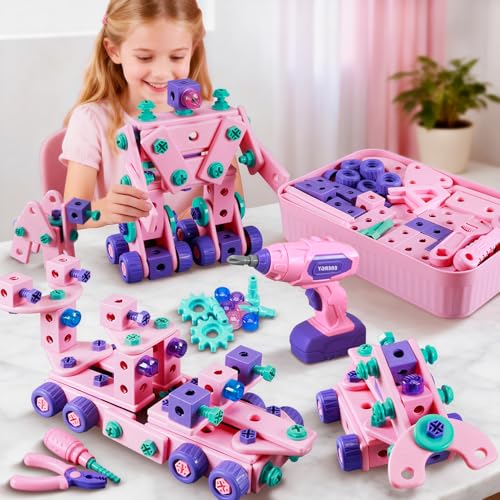 Pink Kids Tool Set for Girls Toddler Tool Set with Drill &Toolbox STEM Montessori Toys for 3 4 5 Year Old Pretend Play Kid Toy Educational Construction Toy for 3-6 Year Old Girl Birthday Gift for Kids