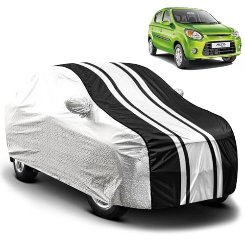 Image of FABTEC Car Body Cover for Maruti Alto 800 Waterproof UV & Rain Protection Metallic Silver with Black Stripes Car Cover with Mirror Pocket Bottom Elastic Full Size Car Cover
