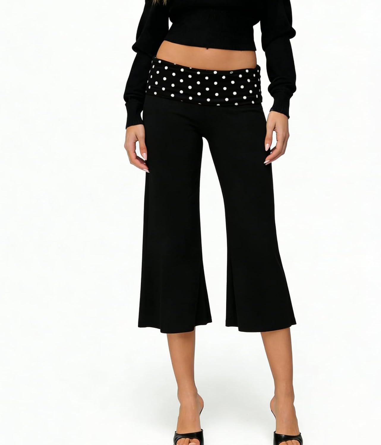 Amiblvowa Gaucho Pants Women Fold Over Cropped Capri Pants Low Rise Wide Leg Yoga Capris Palazzo Culotte Stretch Bottoms