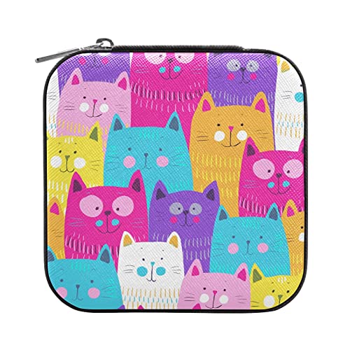 Quteprint Joyero organizador de viaje, lindo gato con patrones coloridos, pequeño estuche portátil para joyas, anillos, aretes, collares, pulseras, piel sintética, mini cajas de almacenamiento de