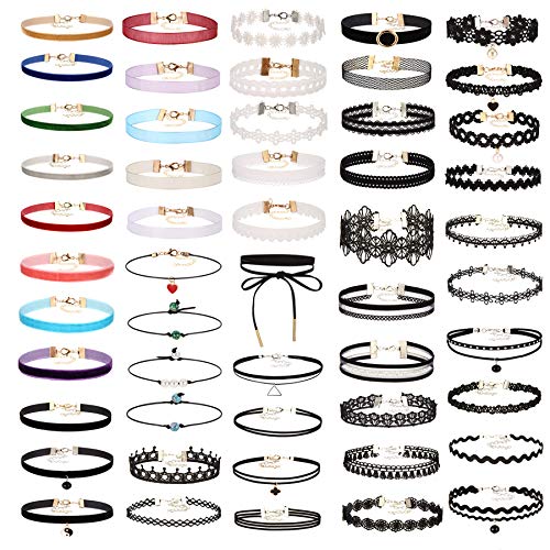 52 PCS Choker Necklace, K&Q Classic Muti-Color Gothic Collar Choker Necklace Black White Cute Lace Velvet Choker Necklace Set for Girls and Women
