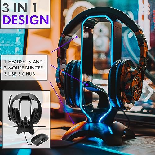 Tilted Nation Gaming Headset Stand | RGB Headphone Stand for Desk with Mouse Bungee and USB Hub (Cool and Clean Setup) Gaming Headset Holder - Perfect Gamer Gift Accessory