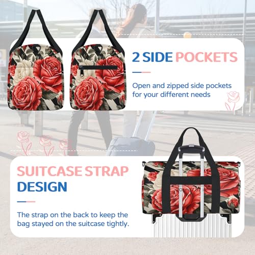 Rose Flower Sports Duffle Bag for Women Men Waterproof Overnight Weekender Bag with Adjustable Strap Travel Tote Bags for Beach Yoga Work Dance Swim4