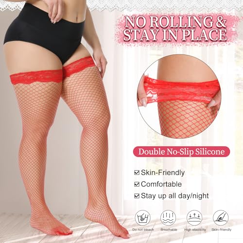 MANZI Women's Plus Size Fishnet Thigh High Stockings Silicone Lace Top Sheer Over Knee Stockings Stay Up Lingerie Tights4