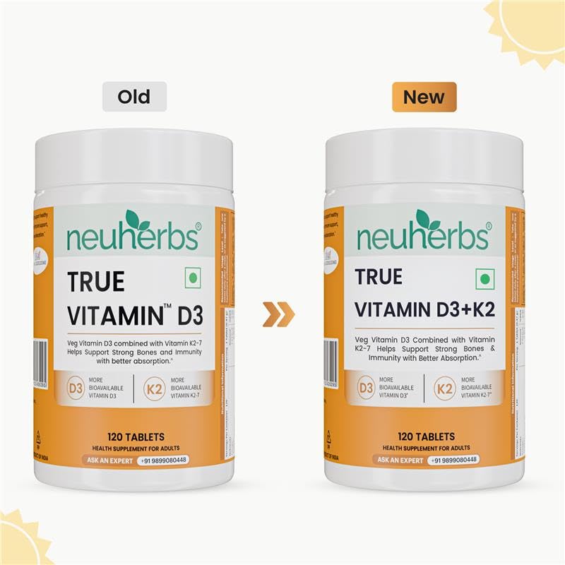 Image of Neuherbs Vitamin D3 (600 IU) Tablets with K2 MK7 | True Vitamin D3 to Supports Bone Strength, Immunity & Heart Health | Vegetarian D3 Supplement for Men & Women | 120 Tablets