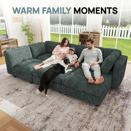 Image of 99 inch Modular Sectional Chenille Sofa bed with Hidden Storage, Comfy Modern 6 Seater Oversized Deep Seat Couch, Modular Sectional with Ottoman and Removable Cover for Living Room, Apartment, Green