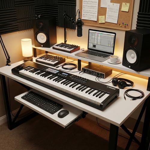 Image of FFO Music Studio Desk | Music Studio Desk with Keyboard Tray | Workstation,Laptop PC Computer, Music Instrument Table for Music Producers | (White) | (150L x 60W x 87H CM) | DIY
