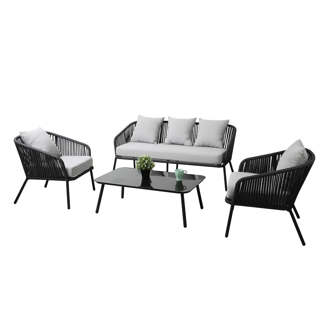 Mymigos Outdoor Furniture Collection Bistro Set with Cushion 4-Piece Rope Patio Backyard Living Set with Center Table for Garden/Balcony.(Black and Grey Color) 1