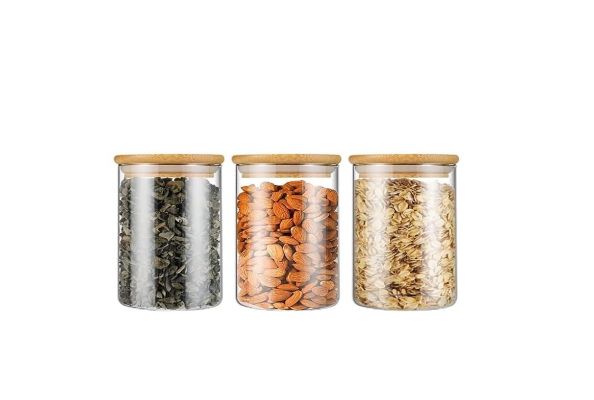 Nobel Clear Borosilicate Glass Jar,Container Transparent Canisters With Air Tight Bamboo Wooden Lid, Bpa Free Kitchen Storage Jar, Multipurpose Jar (Set Of 3-850 Ml)