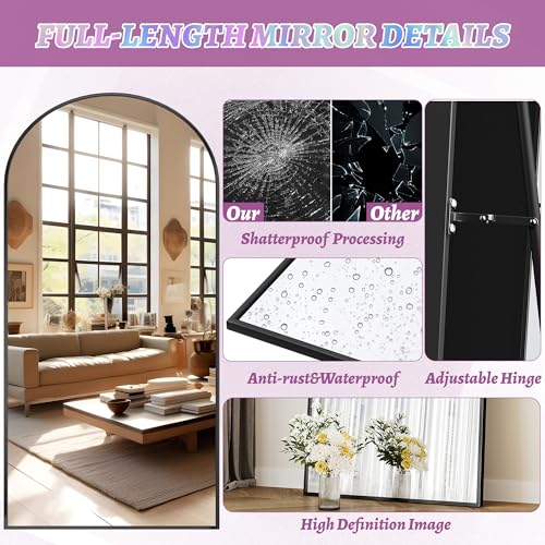Full Length Mirror, 76"x34" Arched Floor Mirror Freestanding, Floor Standing Full Body Mirror with Stand for Bedroom, Hanging Mounted for Living Room Cloakroom, Black
