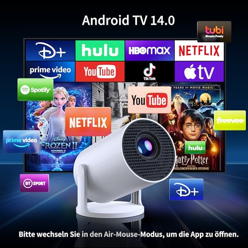 YOTON Mini Beamer, 1080P Tragbarer Projektor mit Wi-Fi 6, Bluetooth 5.4 und Android TV, Automatische Trapezkorrektur, 180°-Rotation, Kompatibel mit Smartphone/PC/Mac und Switch, Weiß