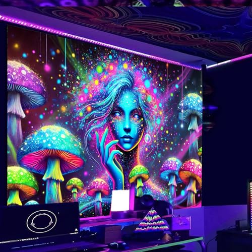 Image of Nuxovilar UV Neon Mushroom Wall Tapestry Polyester 78.74x59.05 In | Glow Backdrop Trippy Wall Poster Aesthetic Art Neon Room Decor Bedroom Living Dorm Lounge (Blue Figure Mushroom)