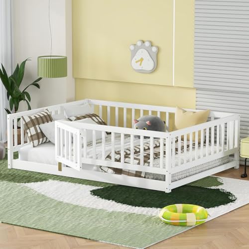 Image of Bellemave Full Size Kids Montessori Floor Bed with Door,Solid Wood Floor Bed Frame with Slats and High Fence for Kids,Girls,Boys,White