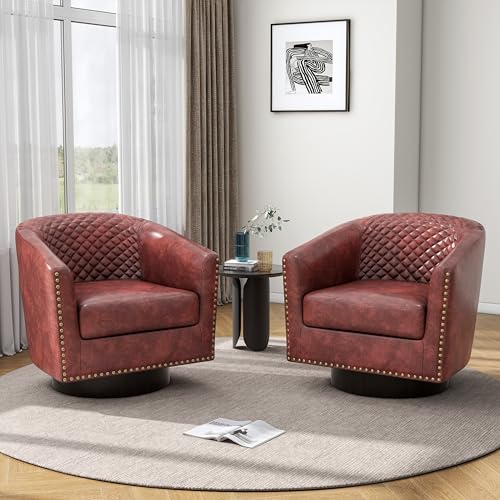 Pia Ricco Set of 2 360° Swivel Barrel Accent Chair, Faux Leather with Nailhead Trim, Red Brown