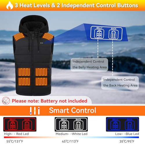 Heated Vest for Men, 14 Heating Zones, Dual Control Electric Heated Vest with Detachable Hood, Battery Not Included3