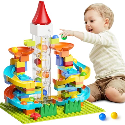 Electric Marble Run with Automatic Elevator Lift - STEM Building Toy for Kids Ages 4-8, 102 PCS Construction Set with 10 Marbles & Transparent Track, Compatible with Standard Building Blocks