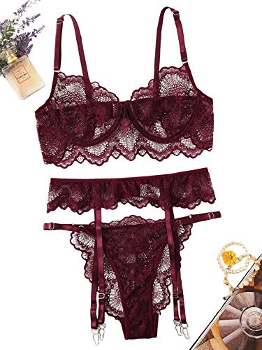 SheIn Women's 3 Piece Floral Lace Lingerie Set with Garter Belts Sexy Bra and Panty Medium Burgundy