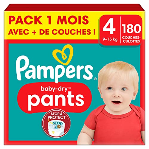Pampers Couches-Culottes Baby-Dry Pants Taille 4 (9-15 kg), 180 Couches-Culottes Bébé, Pack 1 Mois, Maintien 360° Contre les Fuites, Faciles à Changer, Maintenant avec Plus de Couches