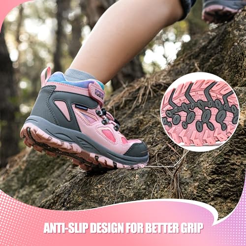 R CORD Kids Hiking Boots Waterproof Girls Hiking Boots Durable TPR Traction Outsole Anti-Skid Athletic Hook and Loop Drawstring Closure Hiking Boots for Outdoor3