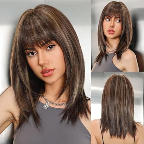 WOKESTAR Long Dark Brown Wig with Fringe Cover