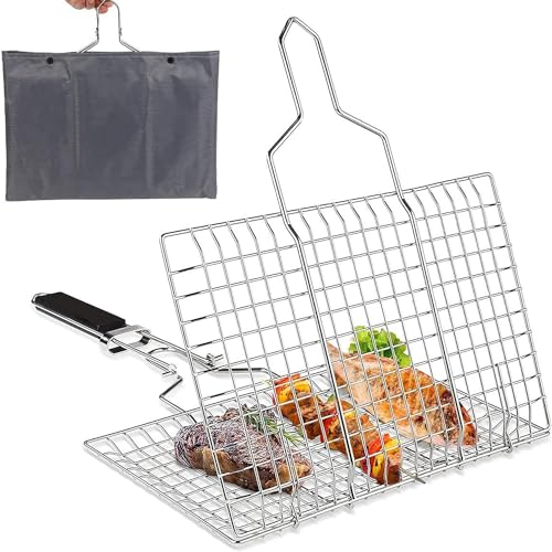 Cesta portátil de acero inoxidable para pescado a la parrilla, malla para parrilla portátil con asa extraíble para asar pescado, parrilla portátil para...